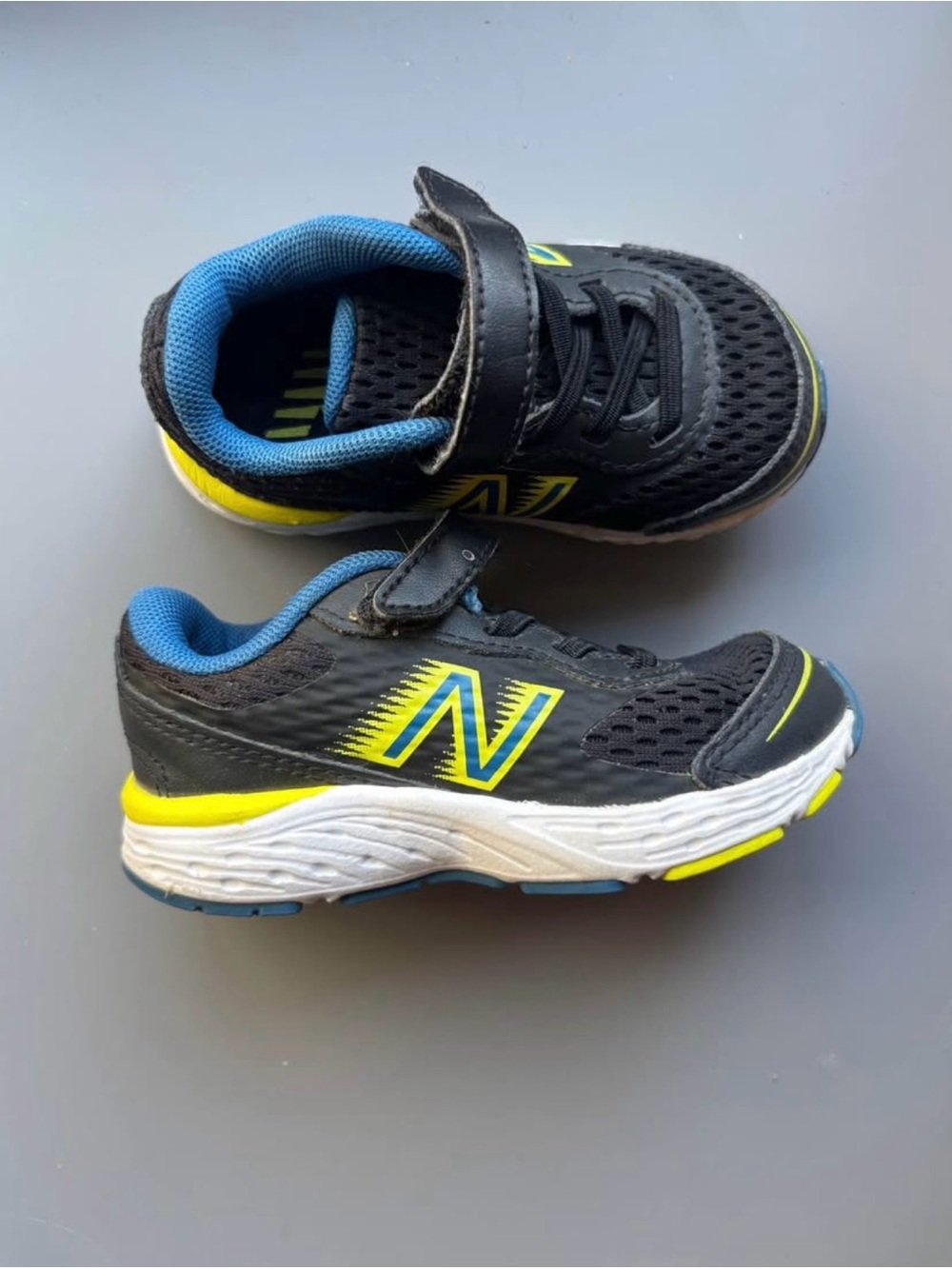 New Balance Kids Black, Blue and Yellow Velcro Athletic Sneakers